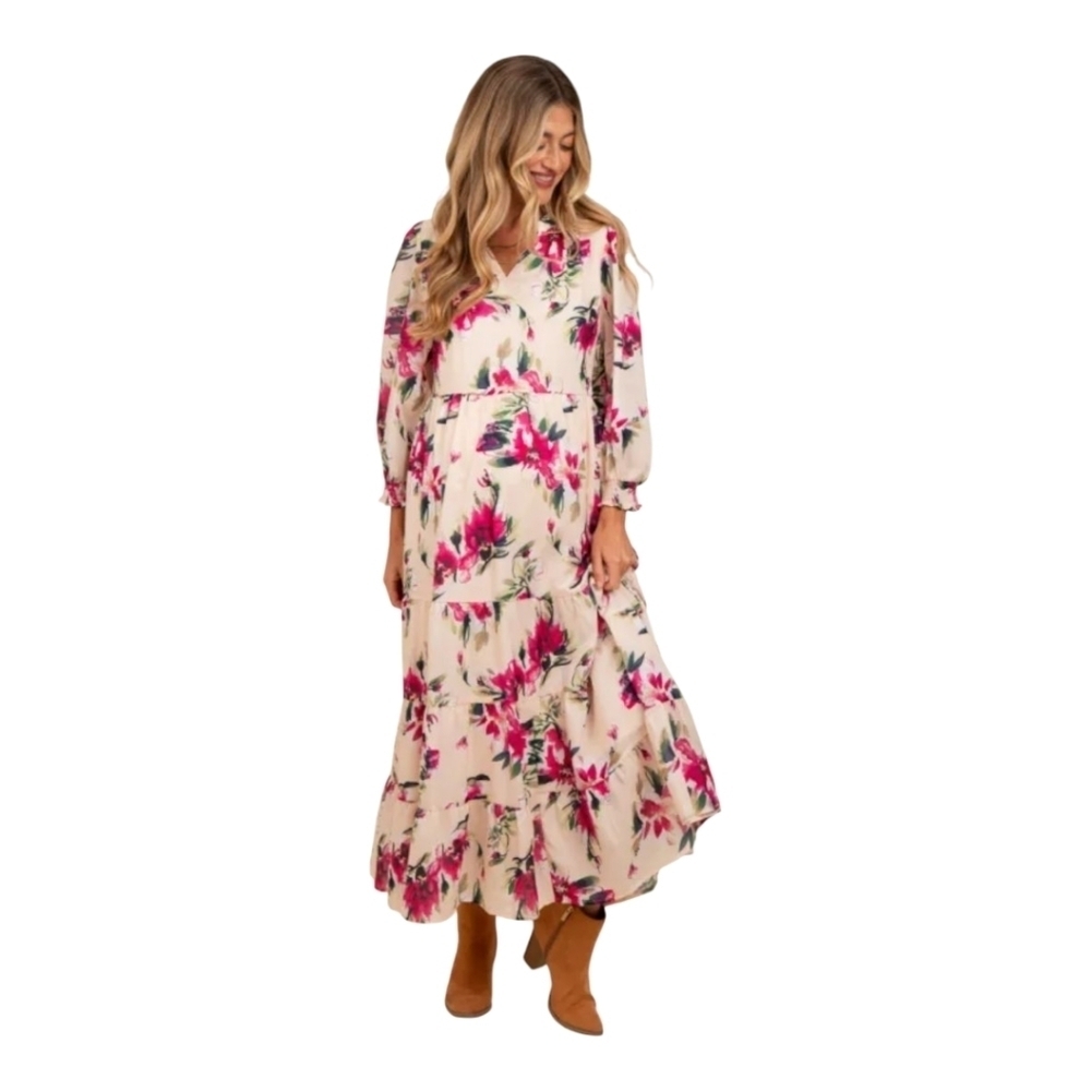 Polagram Floral Print Peach Pink Peasant Style Maxi Dress Size Large
